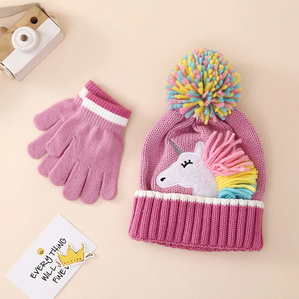 Children's Winter Set Cartoon Unicorn Knitted Hat Gloves Set Winter Girls' Warm Beanie Mitten For Kids 2-6 Years