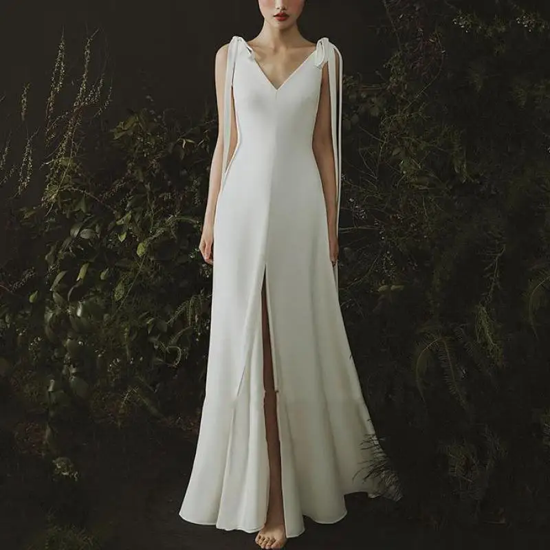 

Женское свадебное платье It's yiiya, белое длинное платье на тонких бретельках с V-образным вырезом и открытой спиной на лето