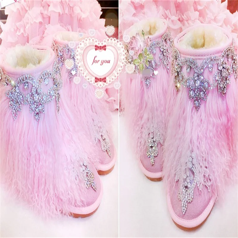 

Lovely edging handcrafted custom velvet warm boots all stylish fur one-piece boots Silver rhine-diamond women's 35-44