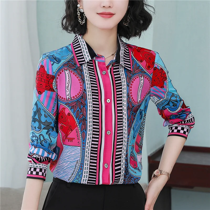 

Блузка женская с длинным рукавом, Шелковый Атласный топ с винтажным принтом, однобортная рубашка, весна-осень