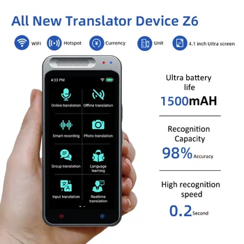 Z6 휴대용 와이파이 블루투스 138 언어 번역기, 스마트 오프라인 실시간 스마트 AI 음성 번역기, 74 사진 번역, 4.1 인치