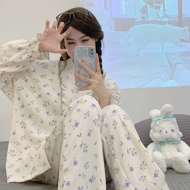 

Пижамные комплекты для взрослых женщин одежда корейская свободная Милая Пижама с цветочным принтом женская хлопковая одежда для отдыха с длинным рукавом для девушек