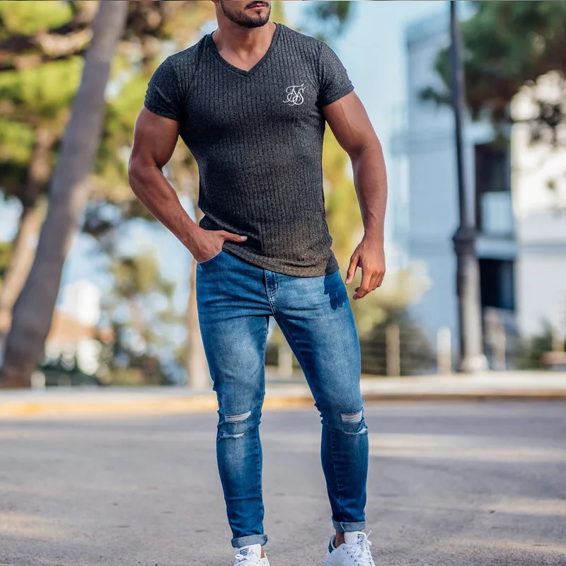 2022 NEW Sports T Shirt Men Summer high elasticity Compression shirt Fitness Tops Tee Male V Neck stripe T-shirt Gym Clothing