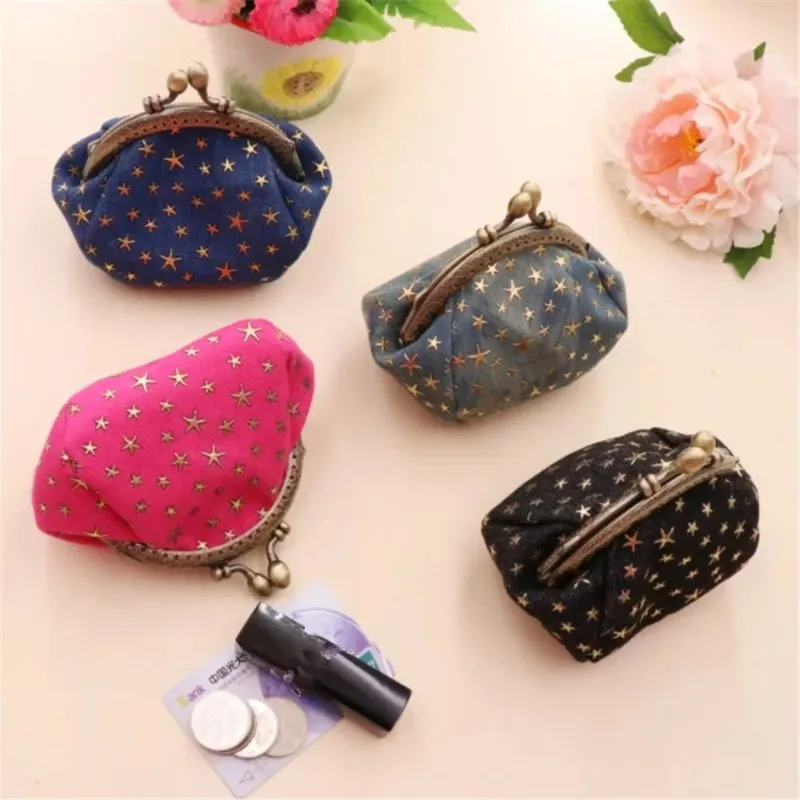 Women Card Bag Denim Fabric Coin Purse Five Pointed Star Buckle Small Wallet Simple Retro Versatile Hand-held Lipstick Key Bags