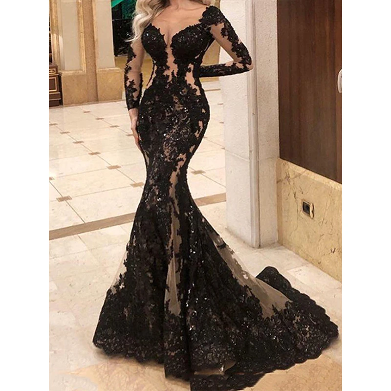 

2024 Luxury Evening Prom Dress Sexy Black Mermaid for Women Long Sleeve Tulle Appliques Court Train Special Occasion Party