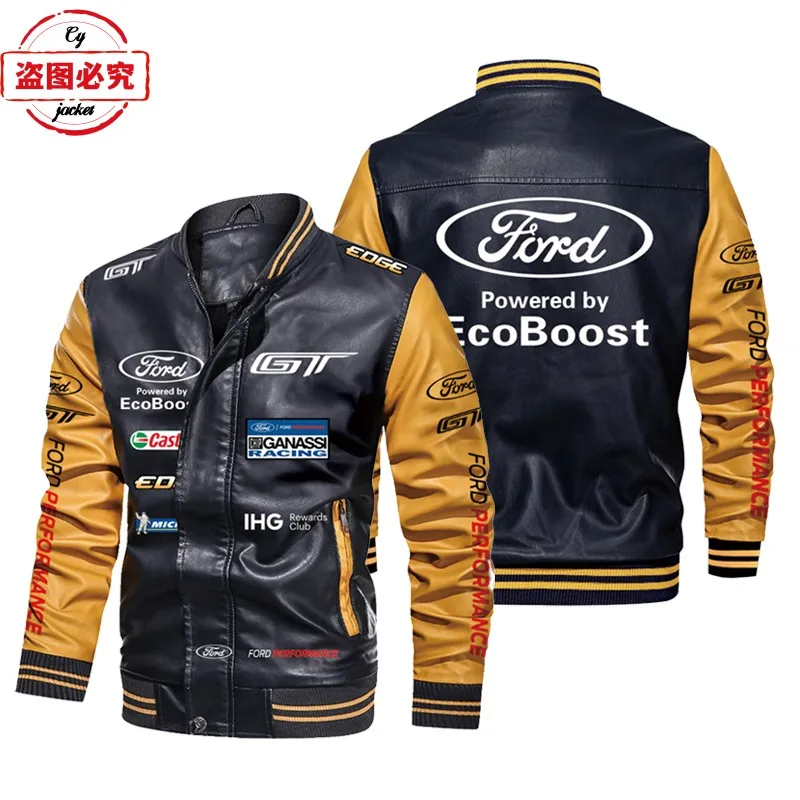 Ford LOGO racing suit color block pu leather jacket men's WRS rally Ford team bomber jacket 2