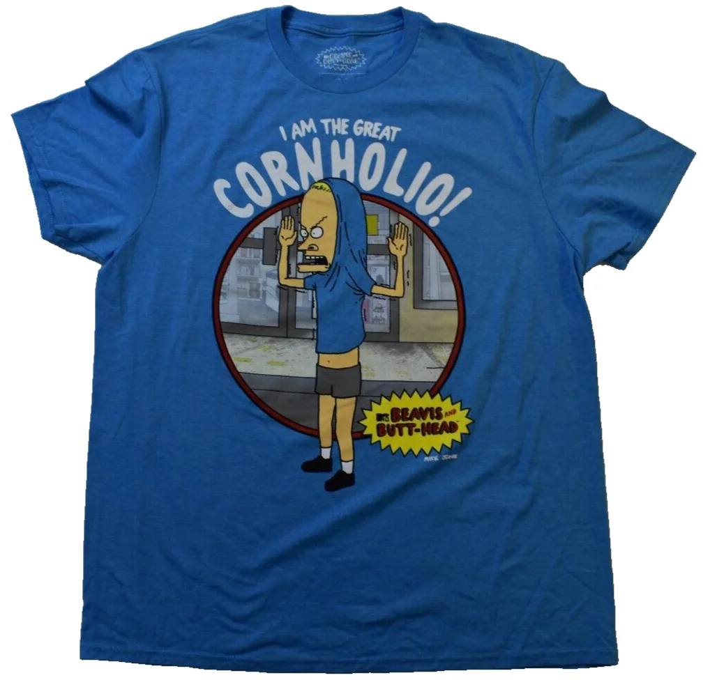 Mtv Beavis & Butthead Butt-Head Mens The Great Cornholio Funny Blue Shirt New L