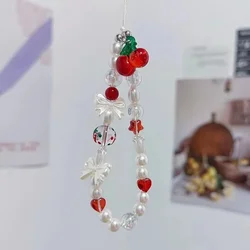 Cherry Red Bow Pearl Wristlet: Cute Korean - Inspired Phone Charm and Keychain - Lanyard (1)