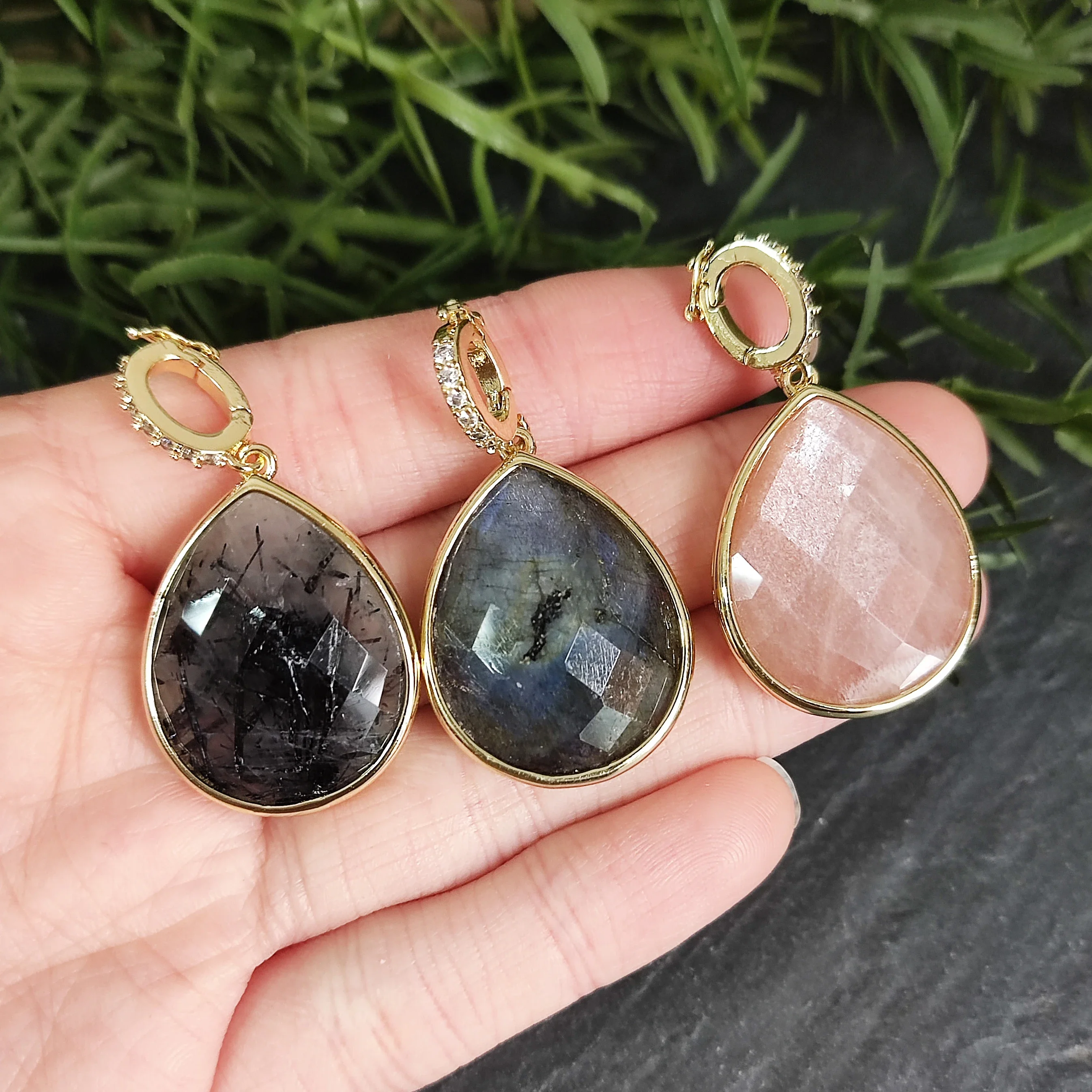 Natural Gemstone Charm Pendant, Obsidian Sunstone Amazonite Amethyst Healing Crystal Charm for Necklace, DIY Jewelry Findings 3