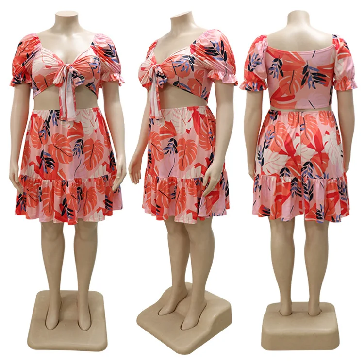 2023 Summer New Clothes 2 Pieces Skirts Sets Printed Crop Tops & Mini Skirts Fashion Causal Daily Wear Ladies Outfits Skirt Sets