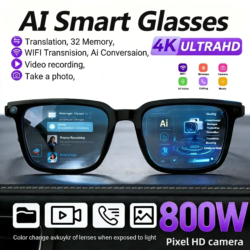 Occhiali Intelligenti AI con Traduzione, Fotocamera HD 8MP, Riprese 4K, Chiamate Bluetooth, Registrazione, Musica, Riconoscimento Immagini, Occhiali da Sole
