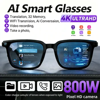 Occhiali Intelligenti AI con Traduzione, Fotocamera HD 8MP, Riprese 4K, Chiamate Bluetooth, Registrazione, Musica, Riconoscimento Immagini, Occhiali da Sole