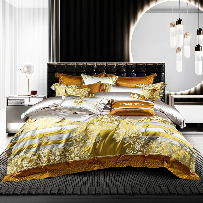 

Gold Embroidery Patchwork Luxury Duvet cover Cool Soft Silky Chic 4/6/11Pcs Double Queen Bedding set Bedspread Sheet Pillowcases