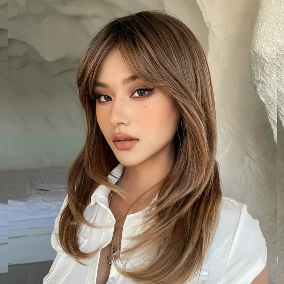 13&times;4 Darker Brown With Bangs Wig Dark Roots Lace Front Wig Layered Synthetic Free Middle Part High Quality Heat Resistant