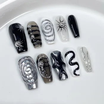 10PCS Dark Handmade False Nail Ins Style Silver Metallic Medium Coffin Press on Nail Full Cover Acrylic Wearable Sweet Cool Nail