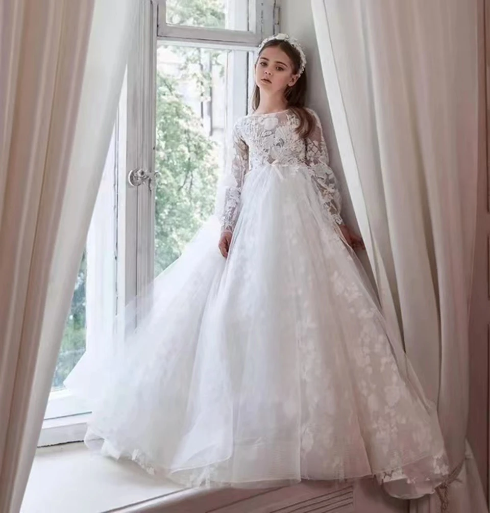 

Flower Girl Dresses Sheer Neck Ball Gown Little Girl Communion Pageant Dresses