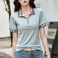 T-shirt à carreaux à manches courtes pour femmes, station européenne, col polo, haut en pur coton, mode de luxe abordable, été, nouveau 3