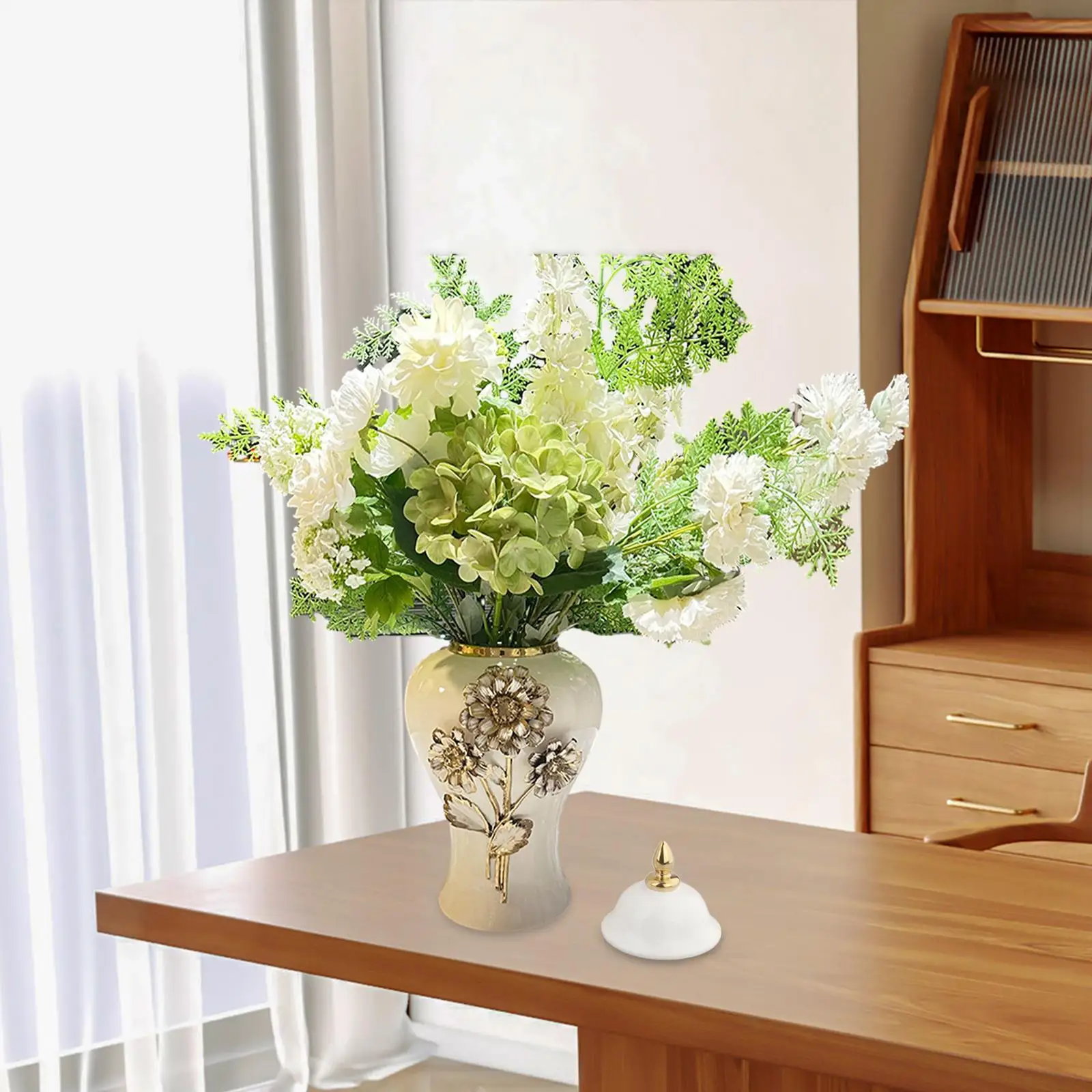 White Ceramic Flower Vase Storage Jar with Lid for Bookshelf Shelf Decor