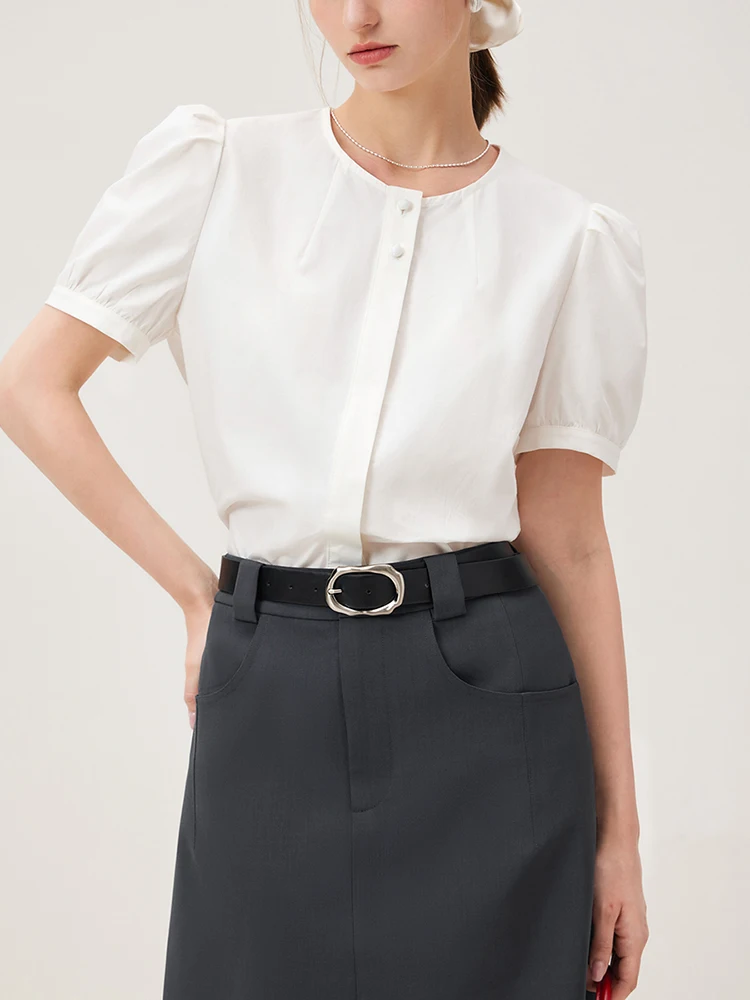 FSLE Summer Women Short Sleeve Shirts Round Neck Single