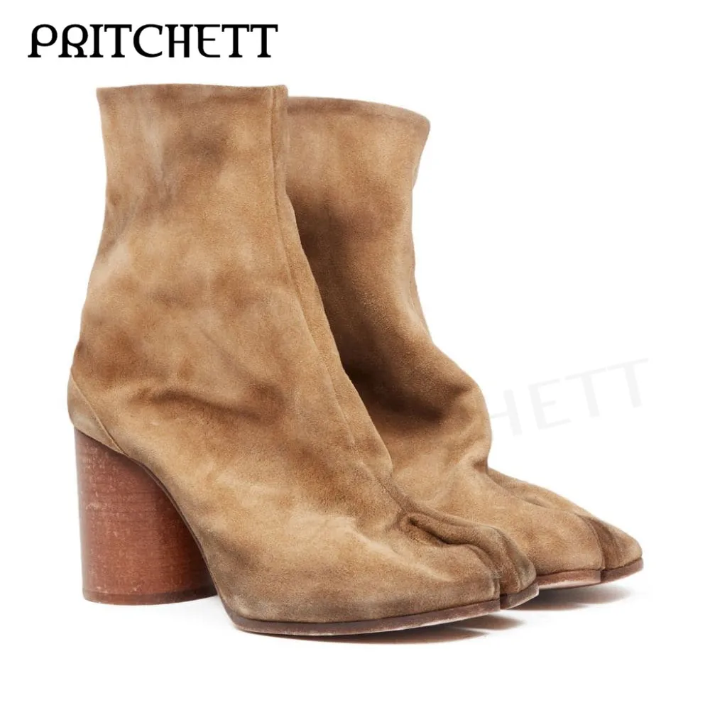 Retro Suede Beige Tabi Boots Round Toe Split Toe Medium High Heel Slip-On Casual Short Boots Personalized Fashion Women's Shoes