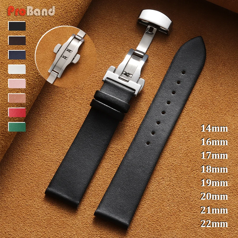 Sleek Genuine Leather Watch Band with Butterfly Buckle - Unisex Cowhide Strap
