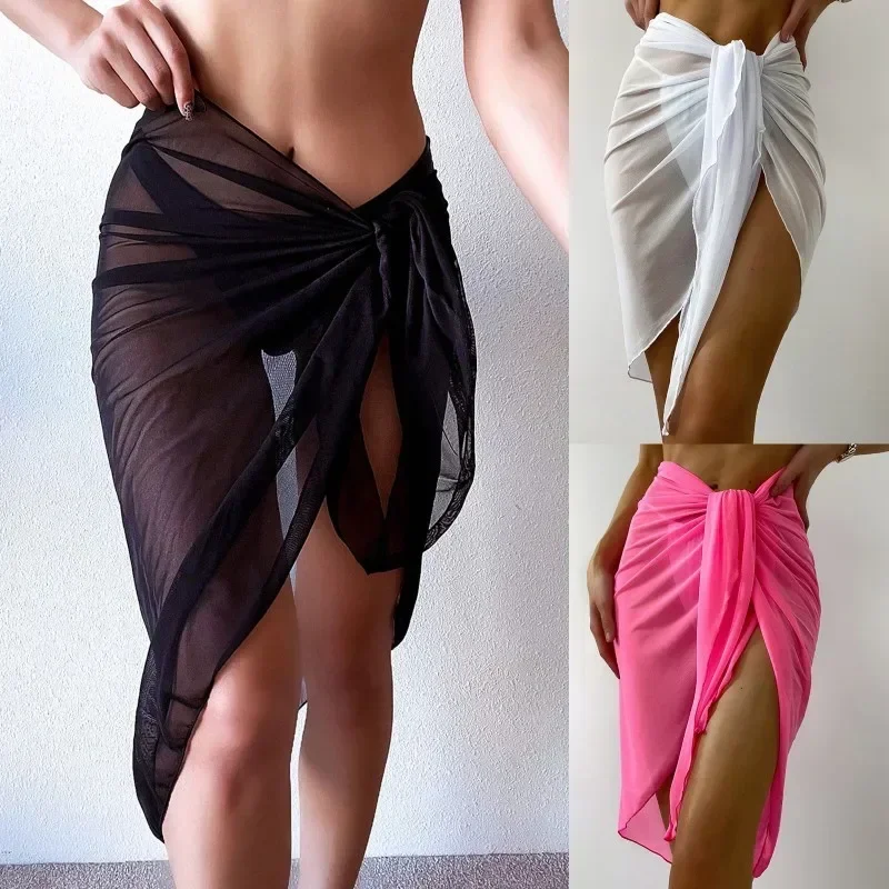 Summer Beach Dress Wrap Sheer Wrap Knot Waist Swimsuit Cover Up Skirt Bikini Wraps Scarf Swimwear Cover Ups Women Bikini Shawls 3
