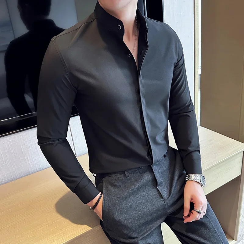 Mens Standing Collar Shirt Long Sleeved 2024 Autumn New Solid Color Casual Slim Fitting White Shirt Korean Fashion Men Clothing