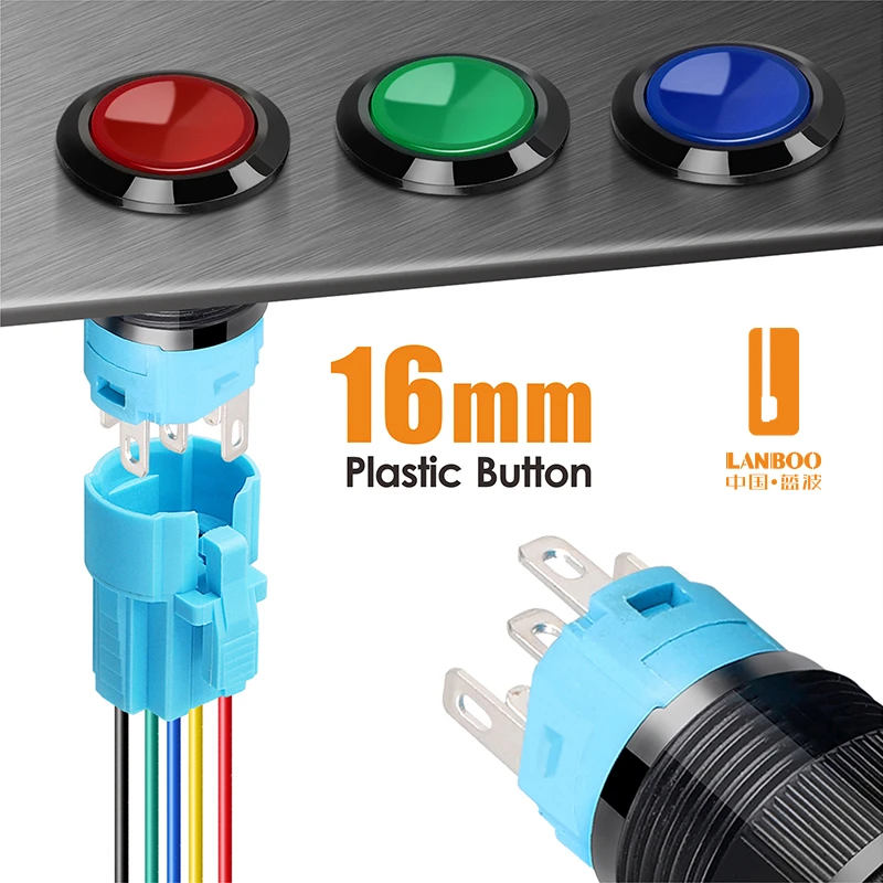 Lanboo 16mm 1no1nc 5pin Black Plastic Push Button Switch With Led