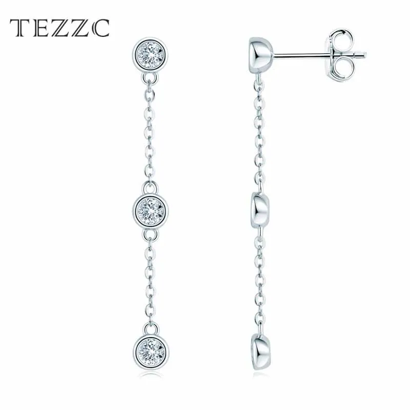 

Tezzc Real D VVS1 Moissanite Chain Drop Earrings for Women 925 Silver 3mm Bezel Set Long Earring Tassel Stud Accessories Jewelry