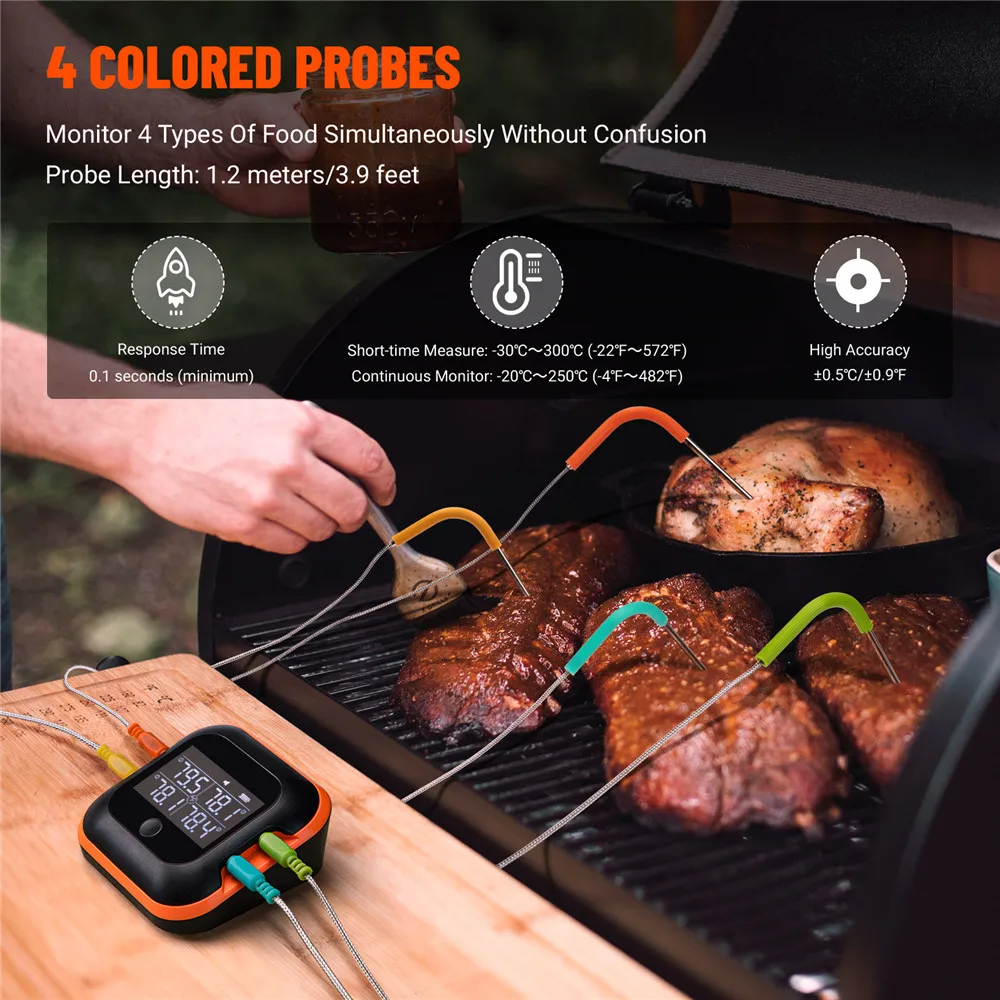 Inkbird 防水 150 FT Bluetooth Meat Thermometer IBT-4XC with Magnet, Timer,  Alarm and Probes, BBQ Grill Digital Wireless Meat Thermometer for C 通販 