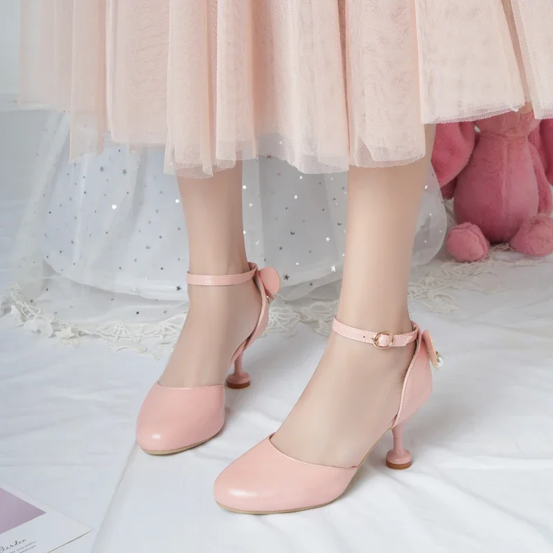 

Summer 2024 Free Ship Sweet Butterfly-knot Princess Sandals 6cm High Heels Part Buckle Shoes for Women White Beige Pink Hot Sale