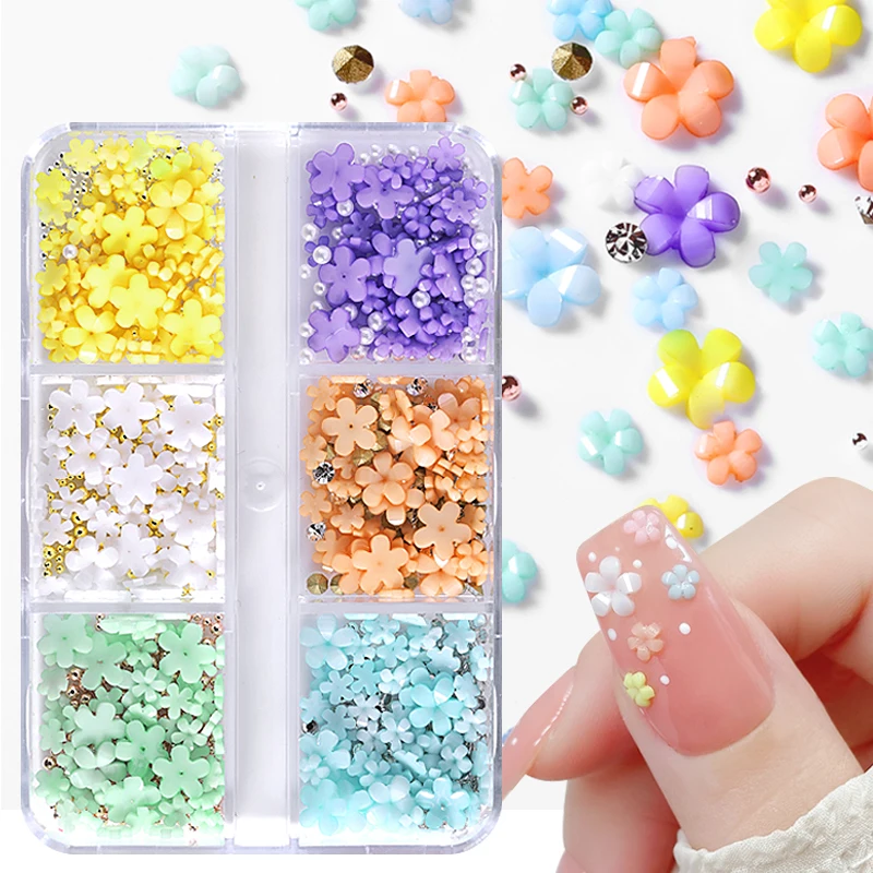 6Grids Acrylic Flower 3D Nail Art Decorations Resin Charms Gold Beads Caviar Pearl Mixed Rhinestones Accessories Manicure