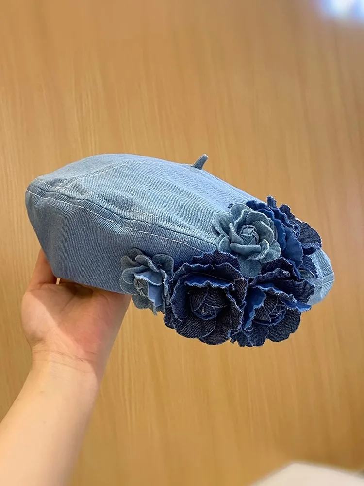 Ladies New Denim Beret Hats Flower Cowboy Vintage Luxury Hat Women Retro Casual Painter Hat Female Trendy Spring Autumn Hat