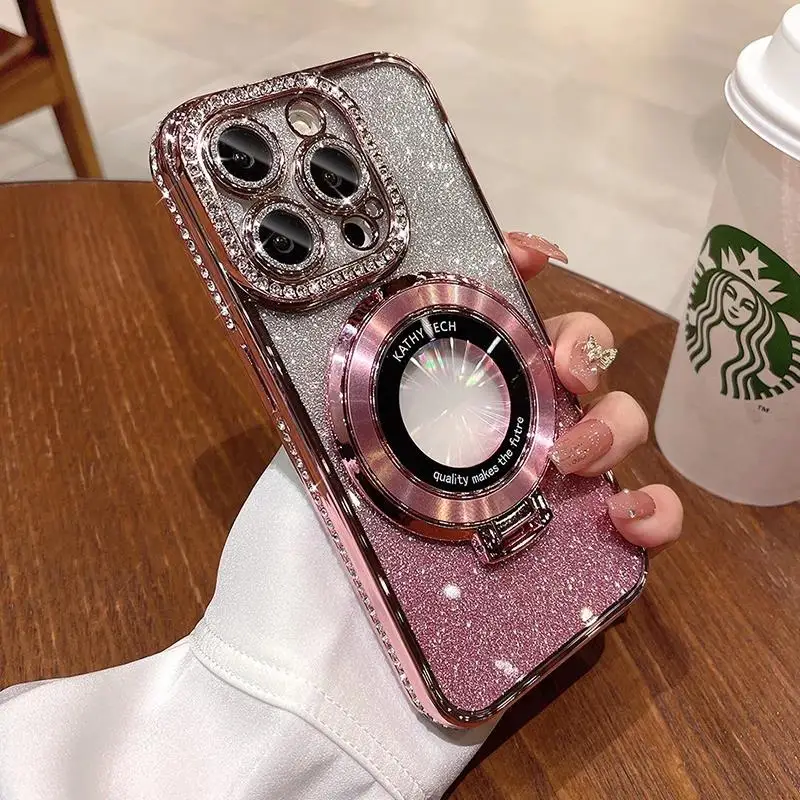 Luxury Magsafe Jewelled Case For iPhone 11 12 13 14 15 16 Pro Max Plus Glitter Magnetic Ring Bracket Bumper Cover