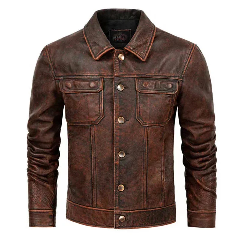 

Spring and Autumn New Pure Top Layer Cowhide Genuine Leather Distressed Lapel Jacket Casual Retro Men's