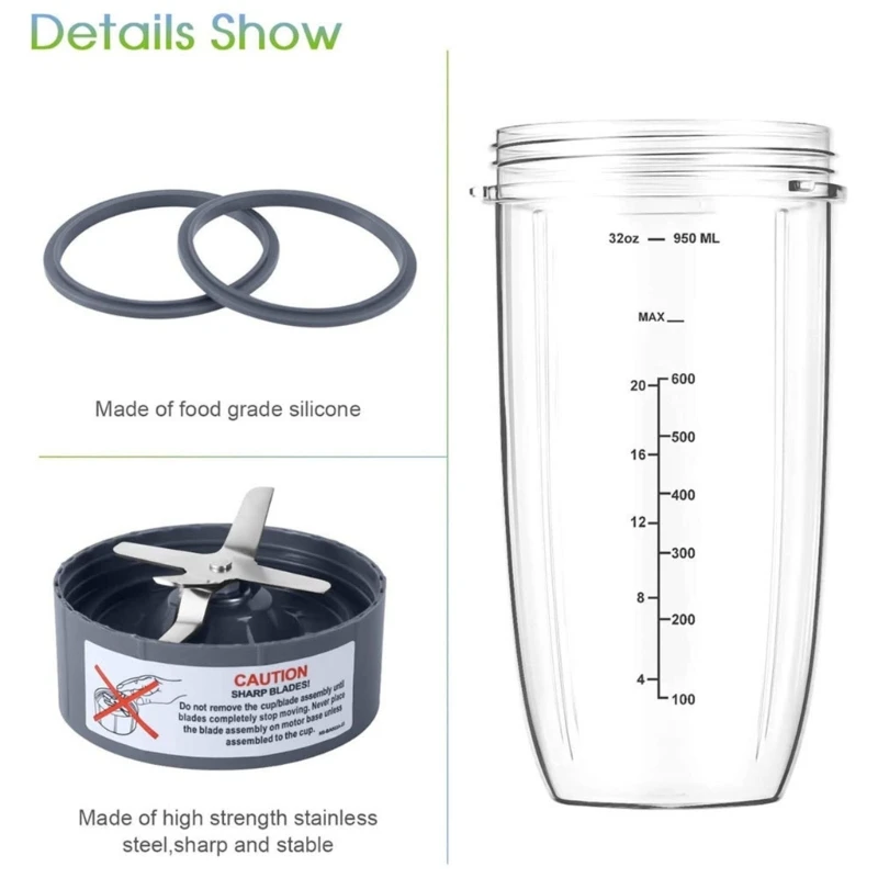 

Blender Cups with Gaskets 32OZ for NutriBullet Blender 900W Juicer Mixer Blender R9UD