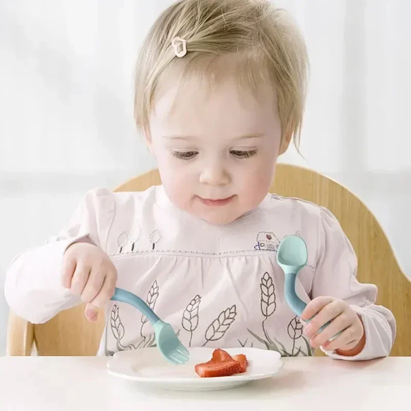 1 Pair Silicone Spoon for Baby Bendable Soft Fork Children Feeding Training Tableware Silicone Soft Fork Spoon Set Tableware 4