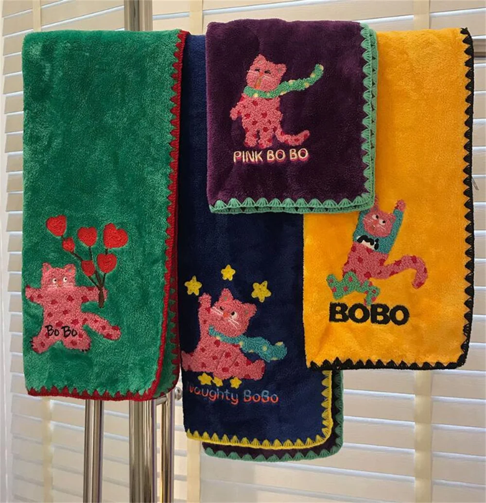 

Cartoon Funny Embroidery Cat Hand Dry Bath Bathtowels Bathroom Decro