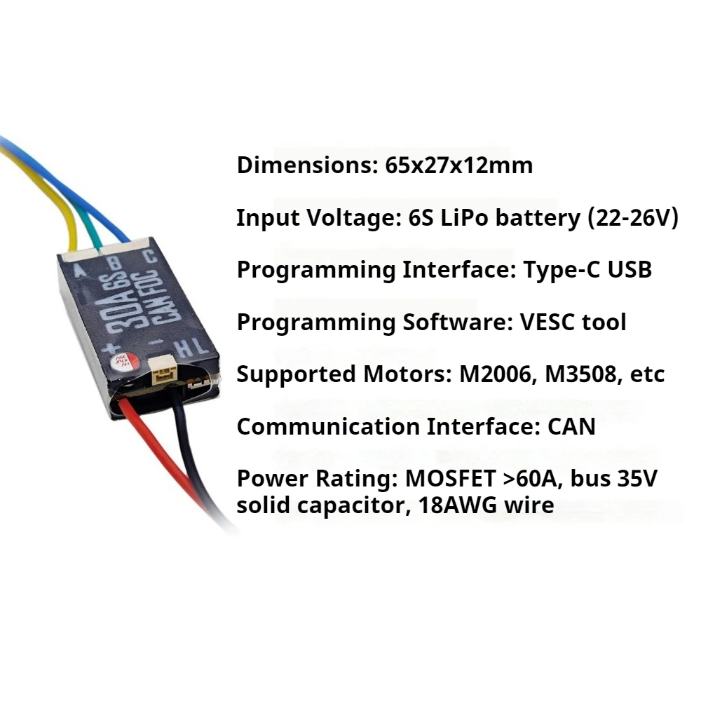 30A 6S FOC CAN M2006 M3508 모터용 전자 속도 컨트롤러 C610 C620 센서리스 엔코더 지원 PWM 제어 교체