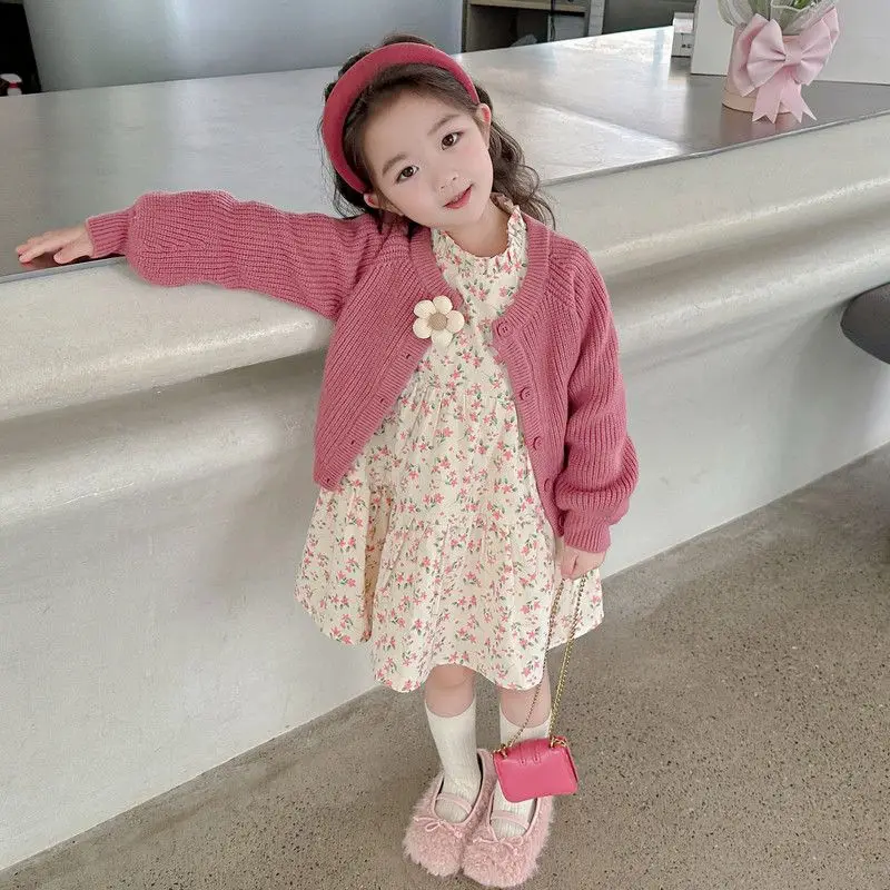 

Girls Dress Suit Autumn 2023 New Fashion Style Childrens Baby Girls Cardigan Coat Princess Dress Casual Simple Two-piece Set
