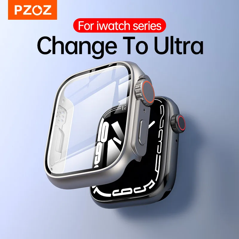 

PZOZ PC+Glass For Apple Watch Case 8 7 se 6 5 4 iWatch Series 45mm 44mm 41mm 40mm Screen Protector Change to Ultra Accessories