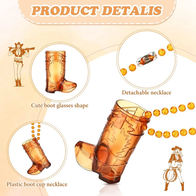 12pcs Cowboy Boot Shot Glasses with Necklace Plastic Cowgirl Shot Cup Wedding Bachelorette Party Supplies Guests Gift Birthday
