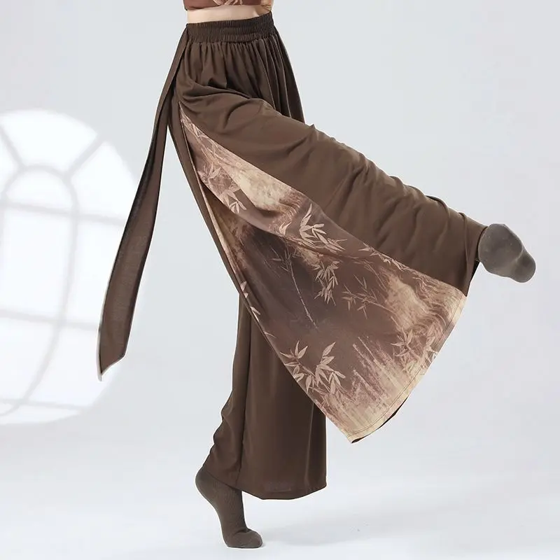 Women's All Season Fashion Elegant Elasticized High-waisted Solid Color Printed Spliced Gauze Drawstring Loose Wide-leg Pants