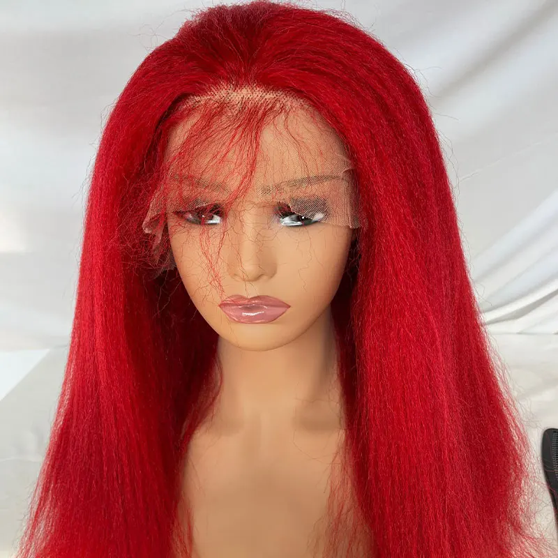 Red human hair wigs Kinky straight lace front wigs For women Brazilian human hair wig Full lace wig With PU
