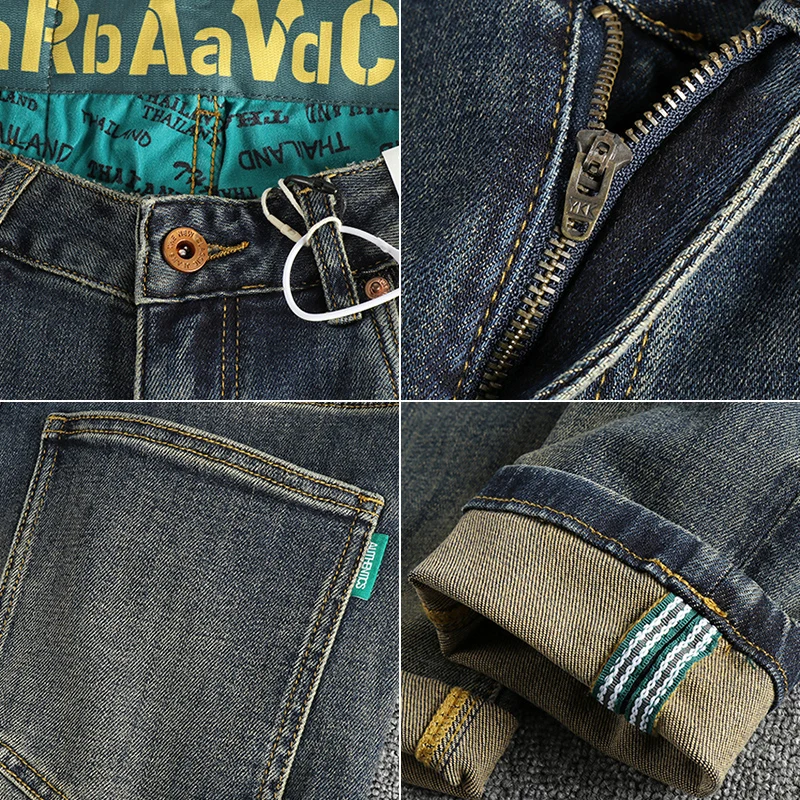 High street heavy vintage blue water wash old jeans men fit small straight leg trend youth long pants classic pants