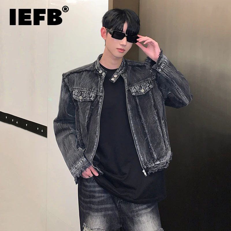 

IEFB Men's Denim Jackets Niche Deshin Tassel Edge Outerwear Shoulder Pad Vintage Casual Coat Dark Style Collarless Tops 9C2570