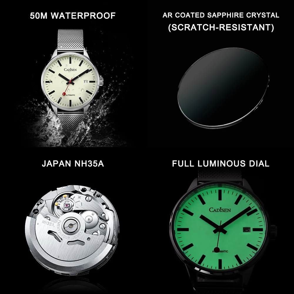 CADISEN Automatic Watch Men Luminous Stainless Steel Self-Wind Wristwatch NH35A Sapphire Waterproof Mesh Belt Mechanical Watch images - 6