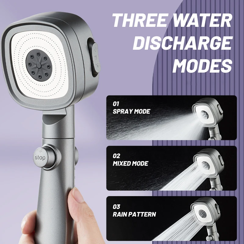 

Square 3modes Black Shower Head Pressurize Strong Effluent One Click Water Stop Shower ABS Material Bathroom Accessories Sets