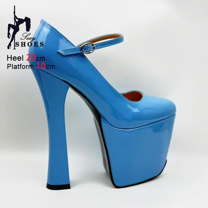 20CM Extreme High Heels Runway Single Shoes 10CM Platform Blue Buckle Strap Shallow Europe and America Large Size Woman Pumps