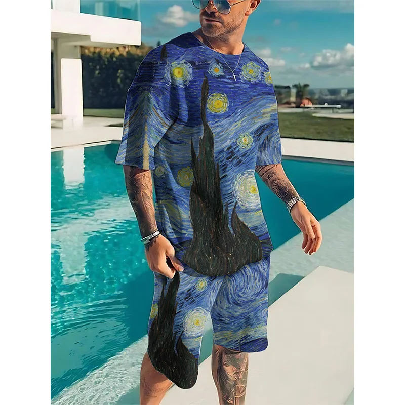 Van Gogh Starry Night Print Tracksuit Short Sleeve T Shirt Sets